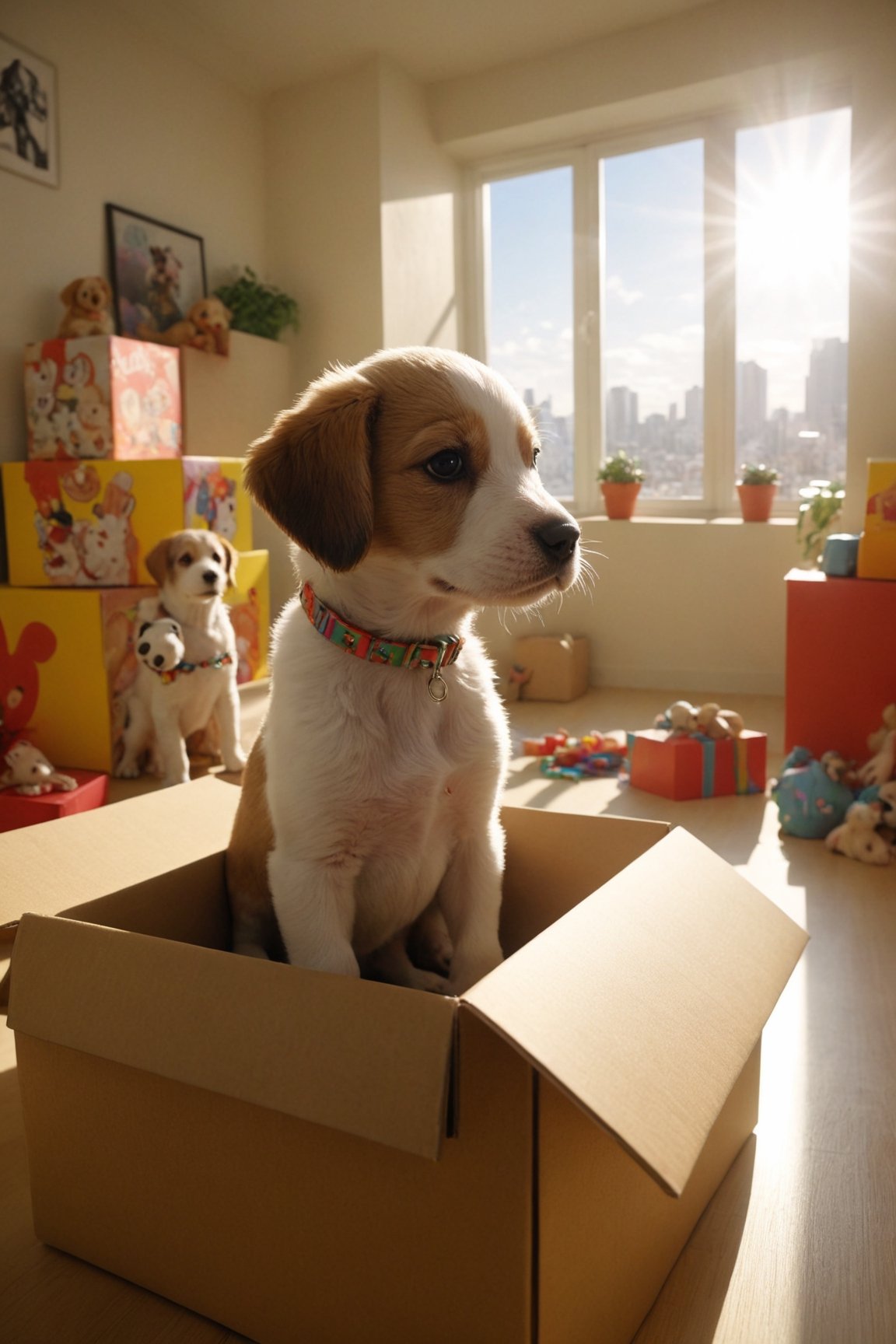 puppy dog ​​in gift box, colorful apartment with many games, realistic environment with sun reflections and shadows, very high quality cinematographic scenography, breathtaking scene of a great masterpiece, crazy 8k graphics, everything wonderful and photorealistic detailed, kitakoumae