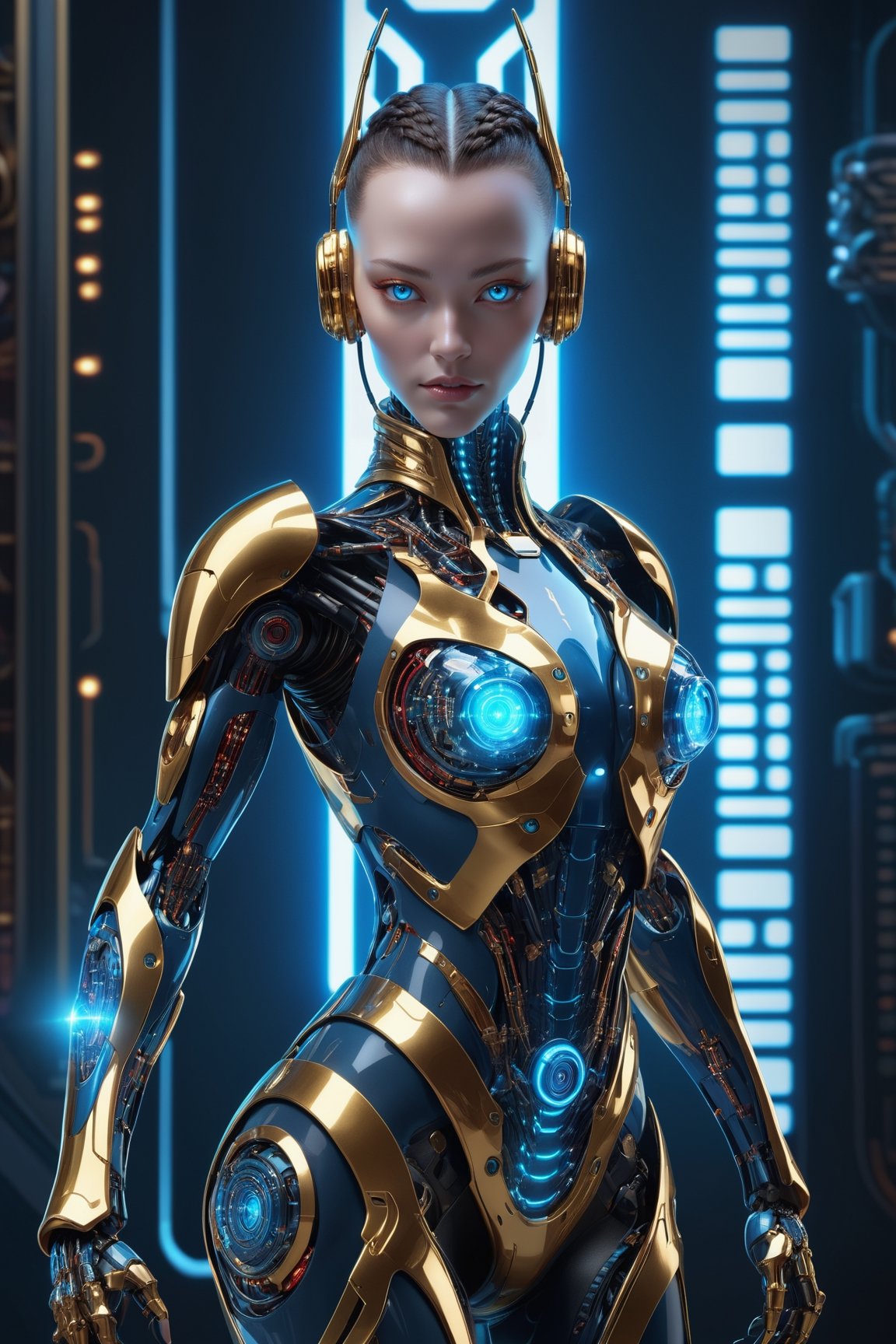 alien humanoid, artwork of a futuristic artificial intelligence superstar with frames made of detailed circuits. marvel studios concept art. artstation HQ. creative character blue/glass gold design for cyberpunk, red fiery eyes, intricate, elegant, 8k, highly detailed, digital painting, concept art, smooth, sharp focus, league of legends concept art