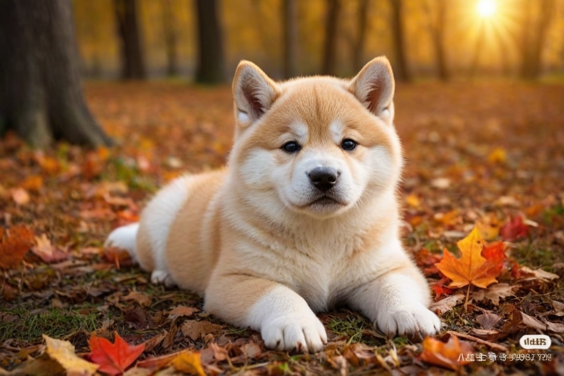 An Akita Inu puppy, one month old, lying down, funny pose, in autumn, realistic environment with lights and shadows, all very detailed and high quality, cover photographic masterpiece, cat, lying on the ground