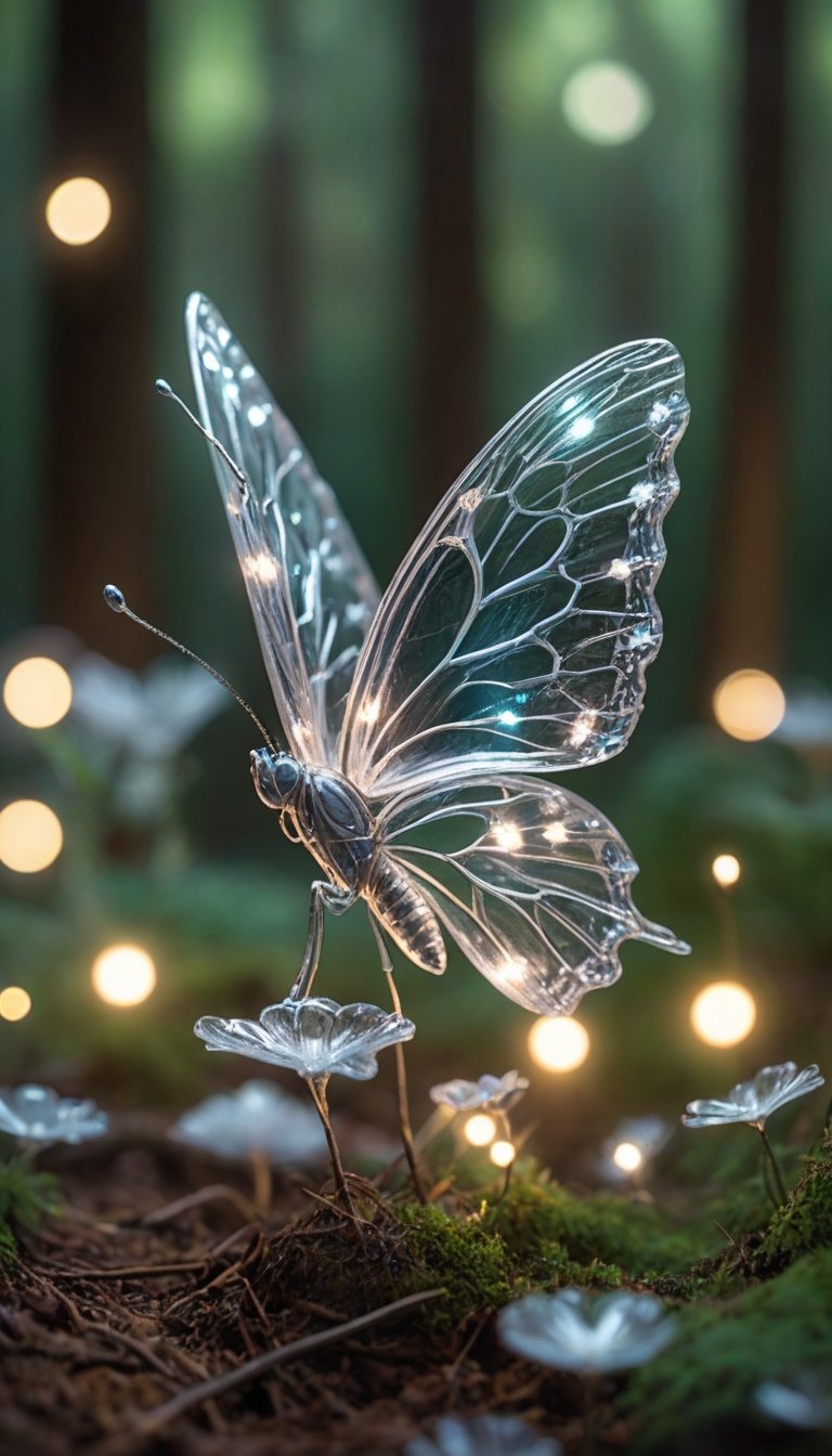 close up, crystal butterfly, in a magical forest, lots of fairy lights, intricate details, texture, depth, vitality, movement, dynamics, energy, vitality, glowing lighting, soft lighting, fantastic, epic scene, super detailed, 8K., Miki Asai Macro photography, close-up, hyper detailed, trending on artstation, sharp focus, studio photo, intricate details, highly detailed, by greg rutkowski