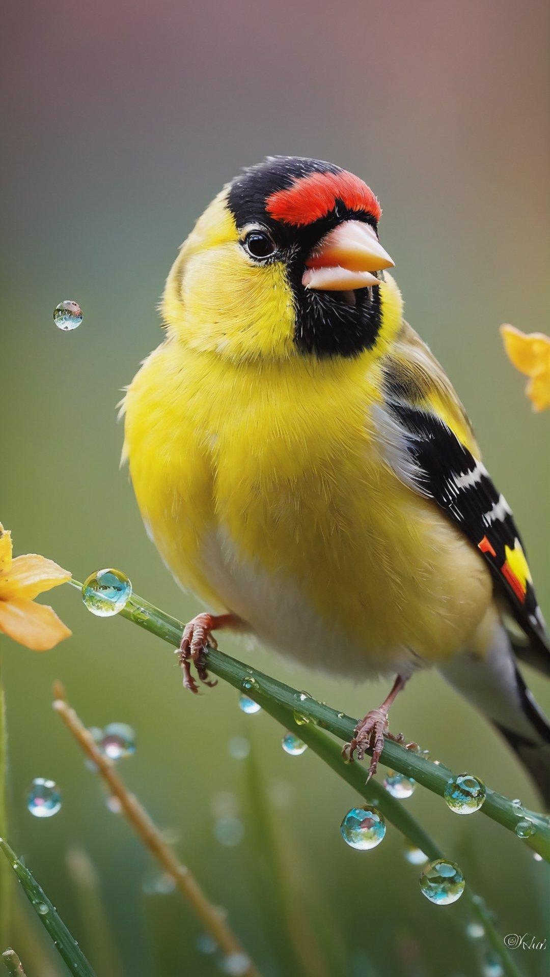 In this wonderful work of art, a whimsical and captivating scene comes to life. In the center, a captivating macro photograph captures the heartwarming sight of an adorable parot colorful goldfinch eating. Vibrant grass, adorned with dewdrops, creates a picturesque backdrop that exudes the essence of autumn. Rich, warm lights illuminate the scene, casting a magical aura over the tiny creatures and their surroundings. With meticulous attention to detail, this high-quality photograph is a visual delight that radiates charm, inviting viewers to immerse themselves in its delightful atmosphere. Surrealist art, NIJI STYLE, r3al photo, more details XL