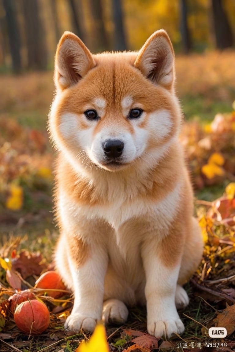 Un cucciolo di Akita Inu, di un mese di età, sdraiato, posa buffa, in autunno, ambiente realistico con luci e ombre tutto molto dettagliato di alta qualità, capolavoro fotoscenico da copertina,cat