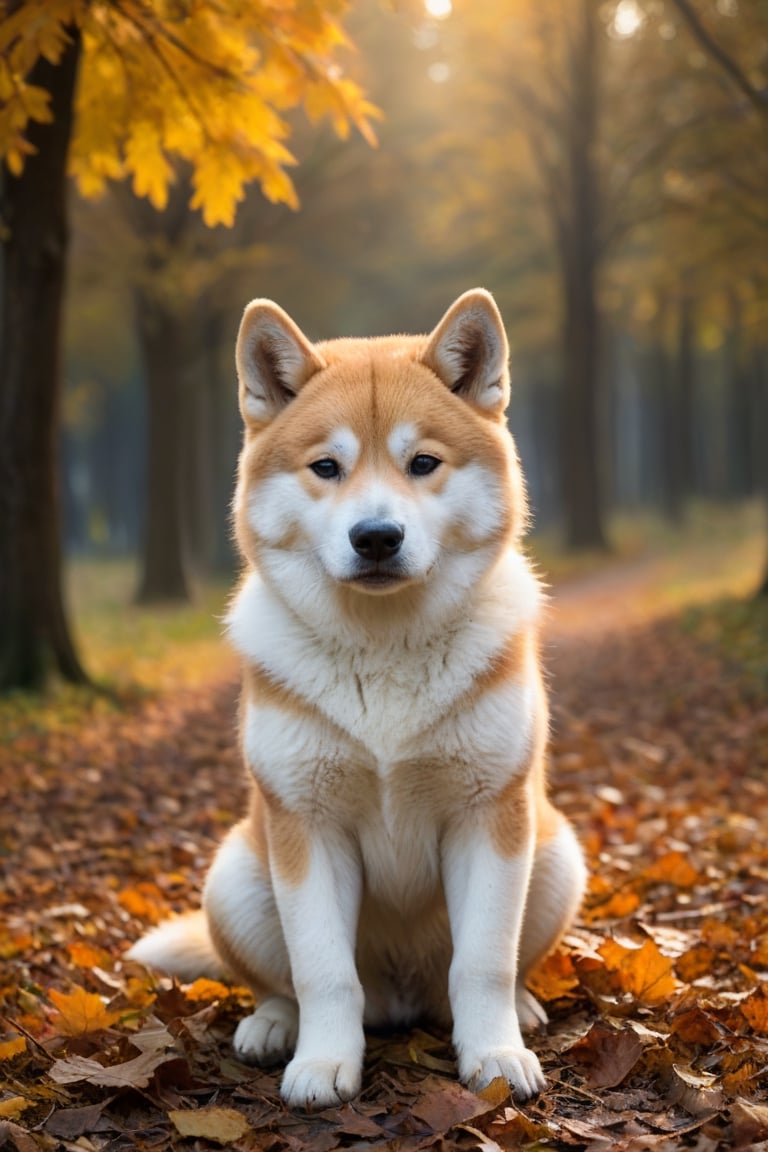 Un cucciolo di Akita Inu, di un mese di età, sdraiato, posa buffa, in autunno, ambiente realistico con luci e ombre tutto molto dettagliato di alta qualità, capolavoro fotoscenico da copertina