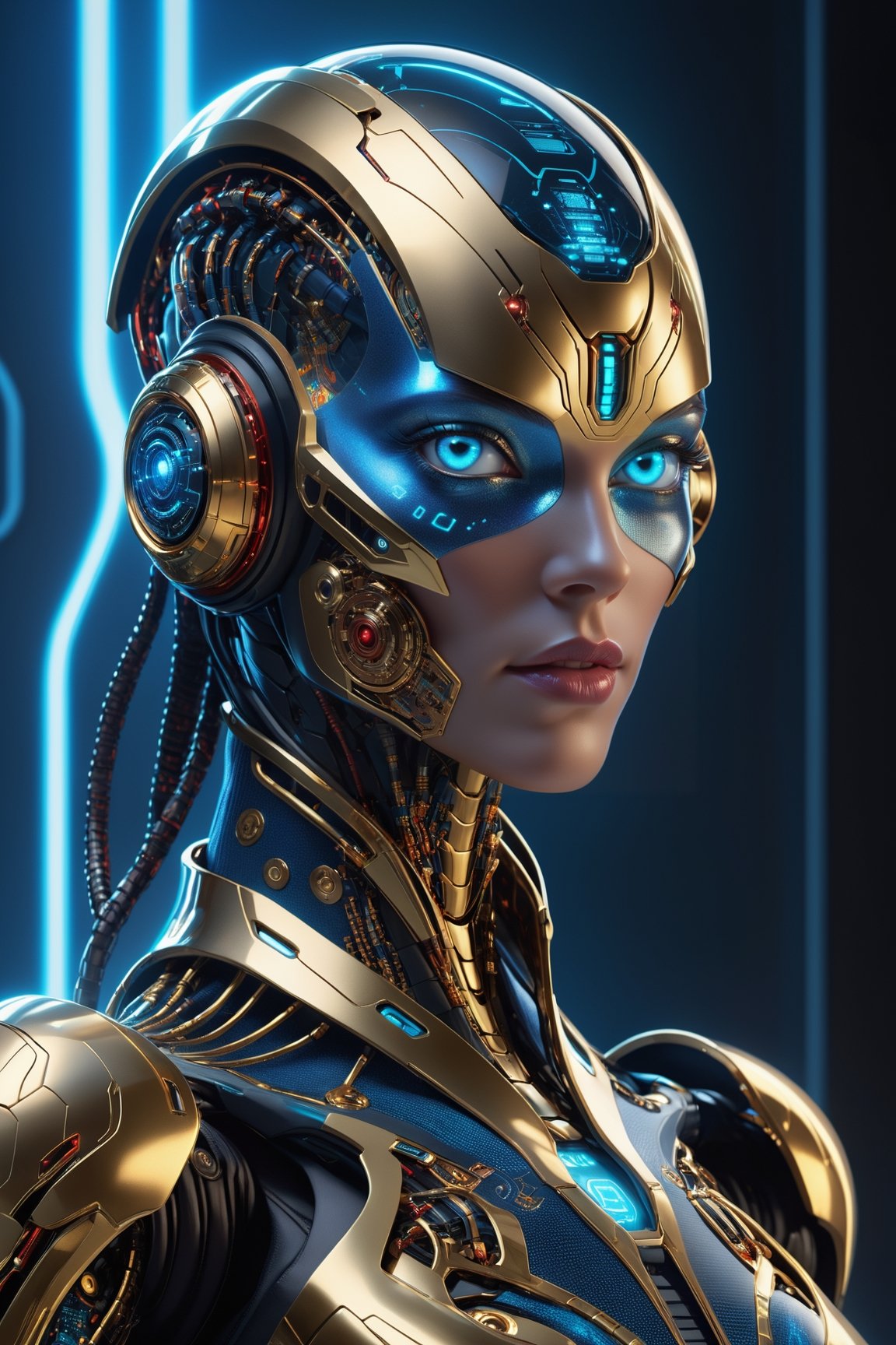 alien humanoid, artwork of a futuristic artificial intelligence superstar with frames made of detailed circuits. marvel studios concept art. artstation HQ. creative character blue/glass gold design for cyberpunk, red fiery eyes, intricate, elegant, 8k, highly detailed, digital painting, concept art, smooth, sharp focus, league of legends concept art