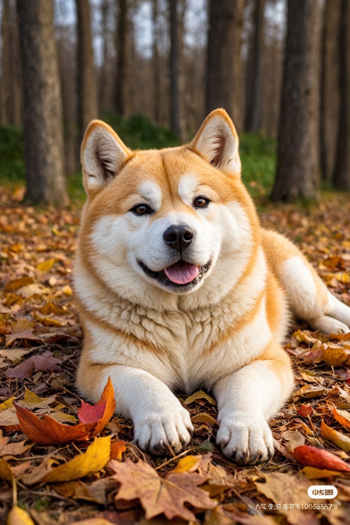 An Akita Inu, lying down, funny pose, in autumn, realistic environment with lights and shadows, all very detailed and high quality, cover photographic masterpiece, cat, 