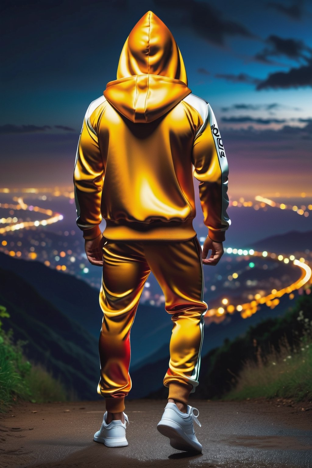 masterpiece, excellent quality, 8K, photo of a hooded man in D&G style tracksuit, shot from behind, dramatic thriller style night background, detailed photorealistic, highly detailed, blurry photo, intricate, super detailed, detailed, adjust highlights and shadows,