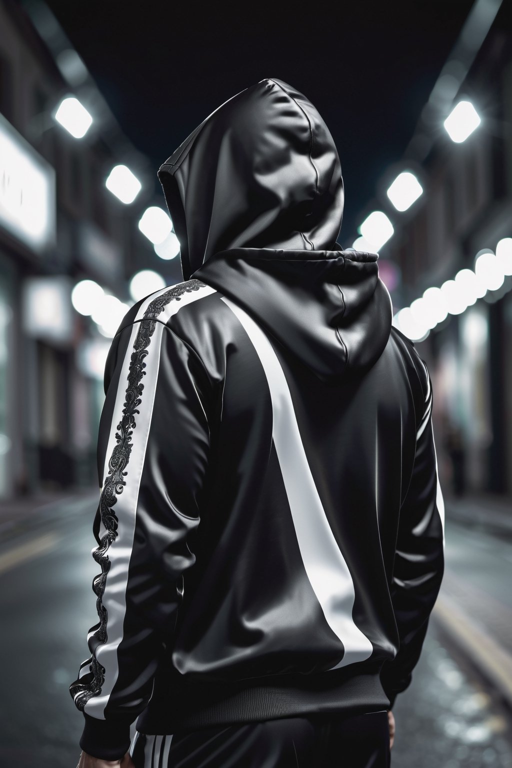 masterpiece, excellent quality, 8K, photo of a hooded man in black and white tracksuit D&G style, shot from behind, dramatic thriller style night background, detailed photorealistic, highly detailed, blurry photo, intricate, super detailed, detailed, adjust lights and shadows,