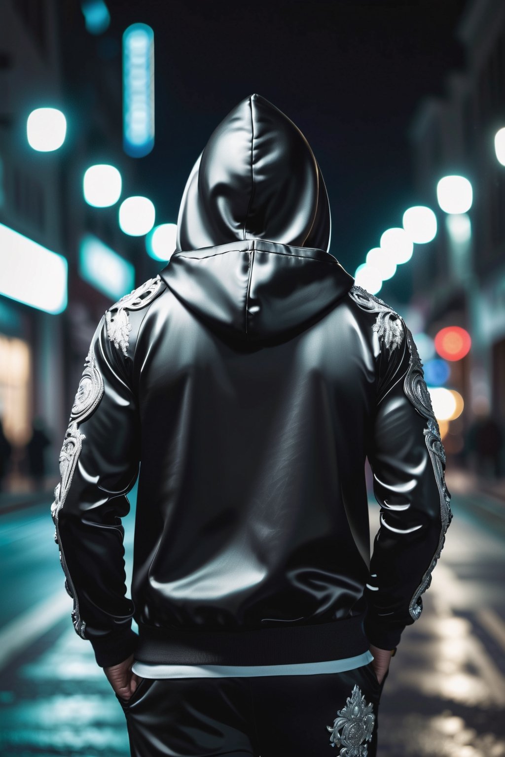 masterpiece, excellent quality, 8K, photo of a hooded man in black and white tracksuit D&G style, shot from behind, dramatic thriller style night background, detailed photorealistic, highly detailed, blurry photo, intricate, super detailed, detailed, adjust lights and shadows,