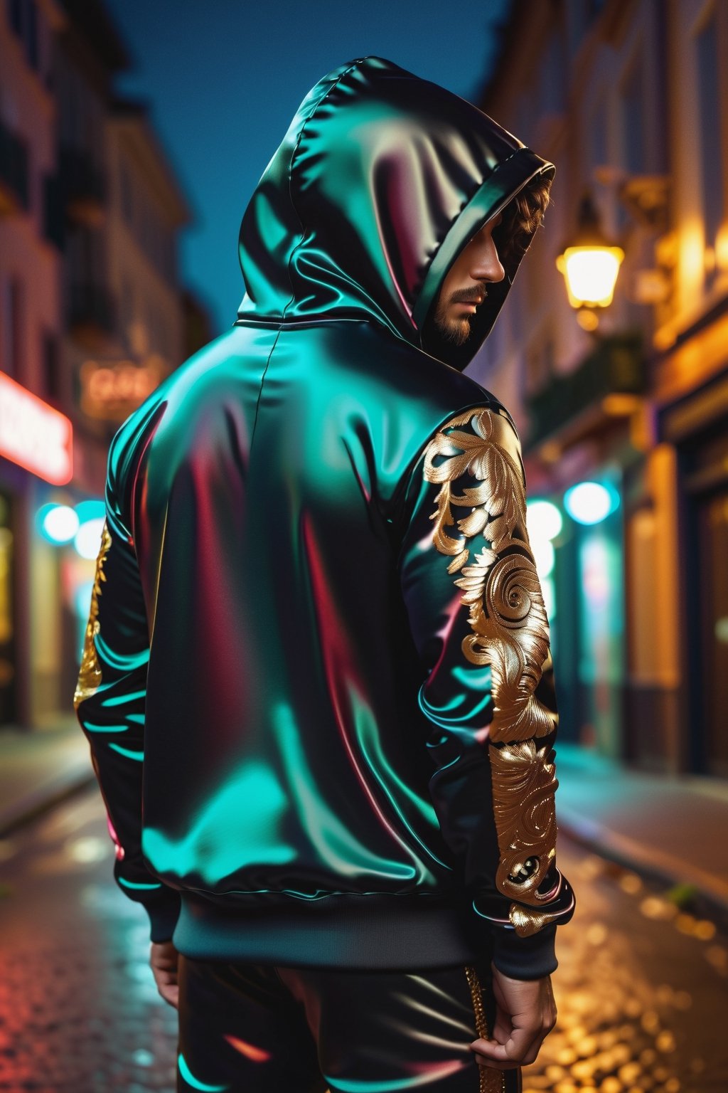 masterpiece, excellent quality, 8K, photo of a hooded man in D&G style tracksuit, shot from behind, dramatic thriller style night background, detailed photorealistic, highly detailed, blurry photo, intricate, super detailed, detailed, adjust highlights and shadows,