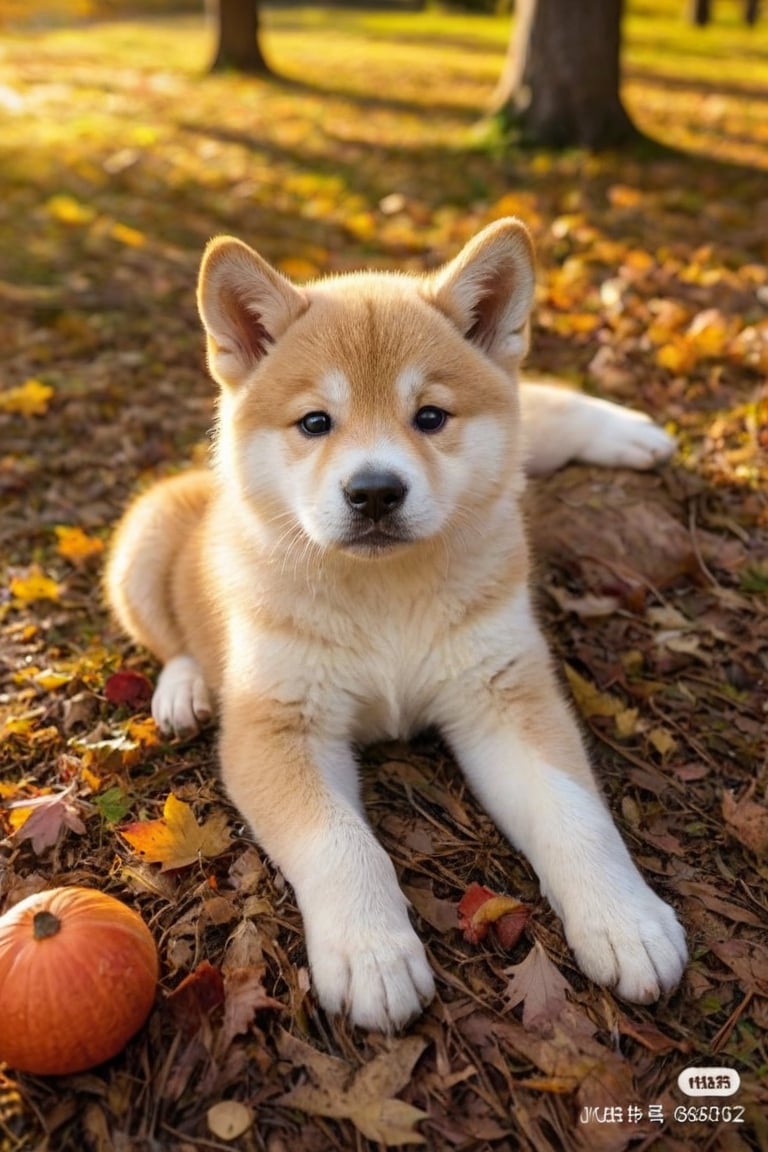 An Akita Inu puppy, one month old, lying down, funny pose, in autumn, realistic environment with lights and shadows, all very detailed and high quality, cover photographic masterpiece, cat, lying on the ground