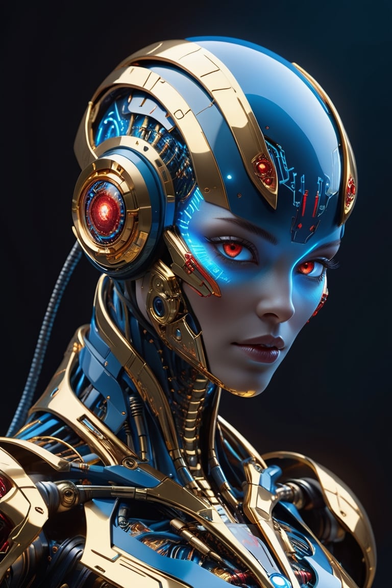 alien humanoid, artwork of a futuristic artificial intelligence superstar with frames made of detailed circuits. marvel studios concept art. artstation HQ. creative character blue/glass gold design for cyberpunk, red fiery eyes, intricate, elegant, 8k, highly detailed, digital painting, concept art, smooth, sharp focus, league of legends concept art