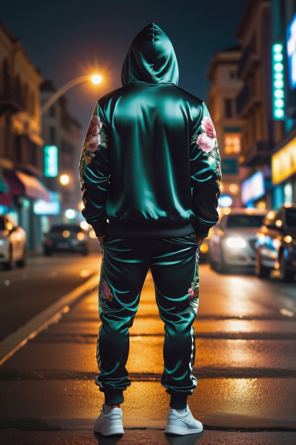 masterpiece, excellent quality, 8K, photo of a hooded man in D&G style tracksuit, shot from behind, dramatic thriller style night background, detailed photorealistic, highly detailed, blurry photo, intricate, super detailed, detailed, adjust highlights and shadows,