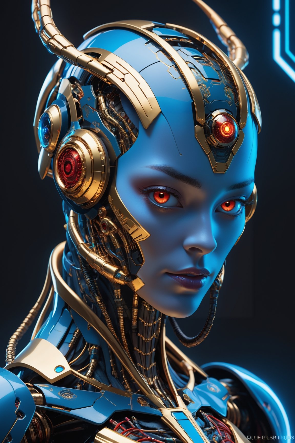 alien humanoid, artwork of a futuristic artificial intelligence superstar with frames made of detailed circuits. marvel studios concept art. artstation HQ. creative character blue/glass gold design for cyberpunk, red fiery eyes, intricate, elegant, 8k, highly detailed, digital painting, concept art, smooth, sharp focus, league of legends concept art