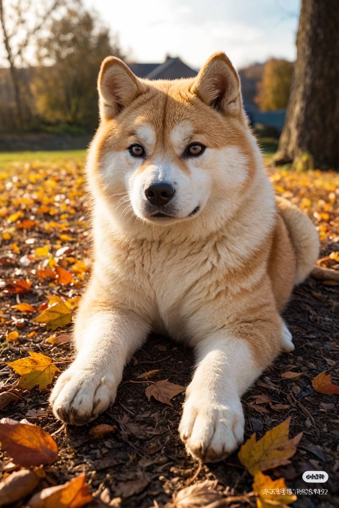 An Akita Inu, lying down, funny pose, in autumn, realistic environment with lights and shadows, all very detailed and high quality, cover photographic masterpiece, cat, lying on the ground