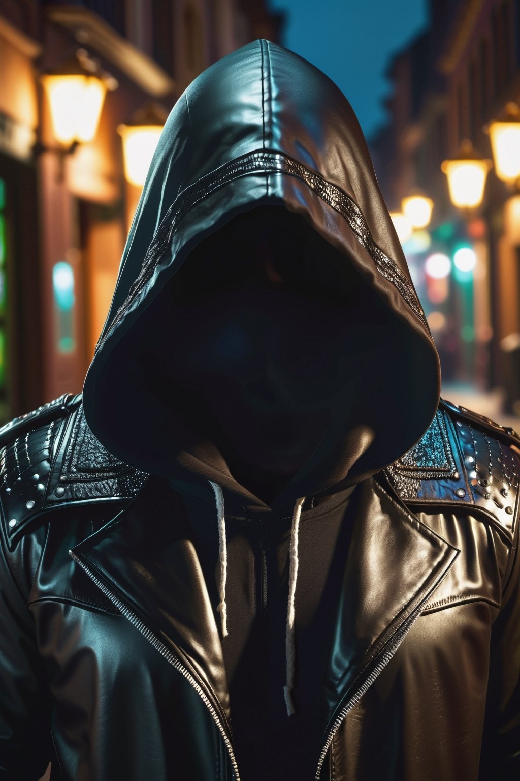 masterpiece, excellent quality, 8k, photo of a hooded man, turned from behind, thriller style night background, detailed photorealistic, highly detailed, blurry photo, intricate, super detailed, detailed, adjust highlights and shadows,