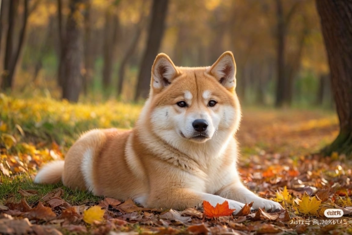 Un cucciolo di Akita Inu, di un mese di età, sdraiato, posa buffa, in autunno, ambiente realistico con luci e ombre tutto molto dettagliato di alta qualità, capolavoro fotoscenico da copertina,cat,lying on the ground