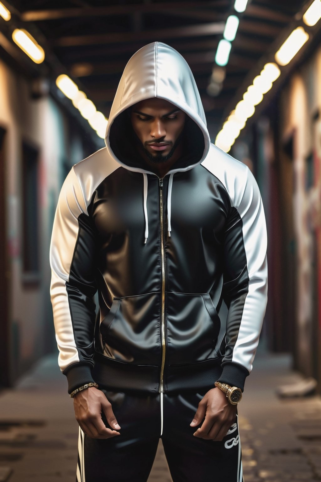 masterpiece, excellent quality, 8K, photo of a hooded man in black and white tracksuit D&G style, shot from behind, dramatic thriller style night background, detailed photorealistic, highly detailed, blurry photo, intricate, super detailed, detailed, adjust lights and shadows,