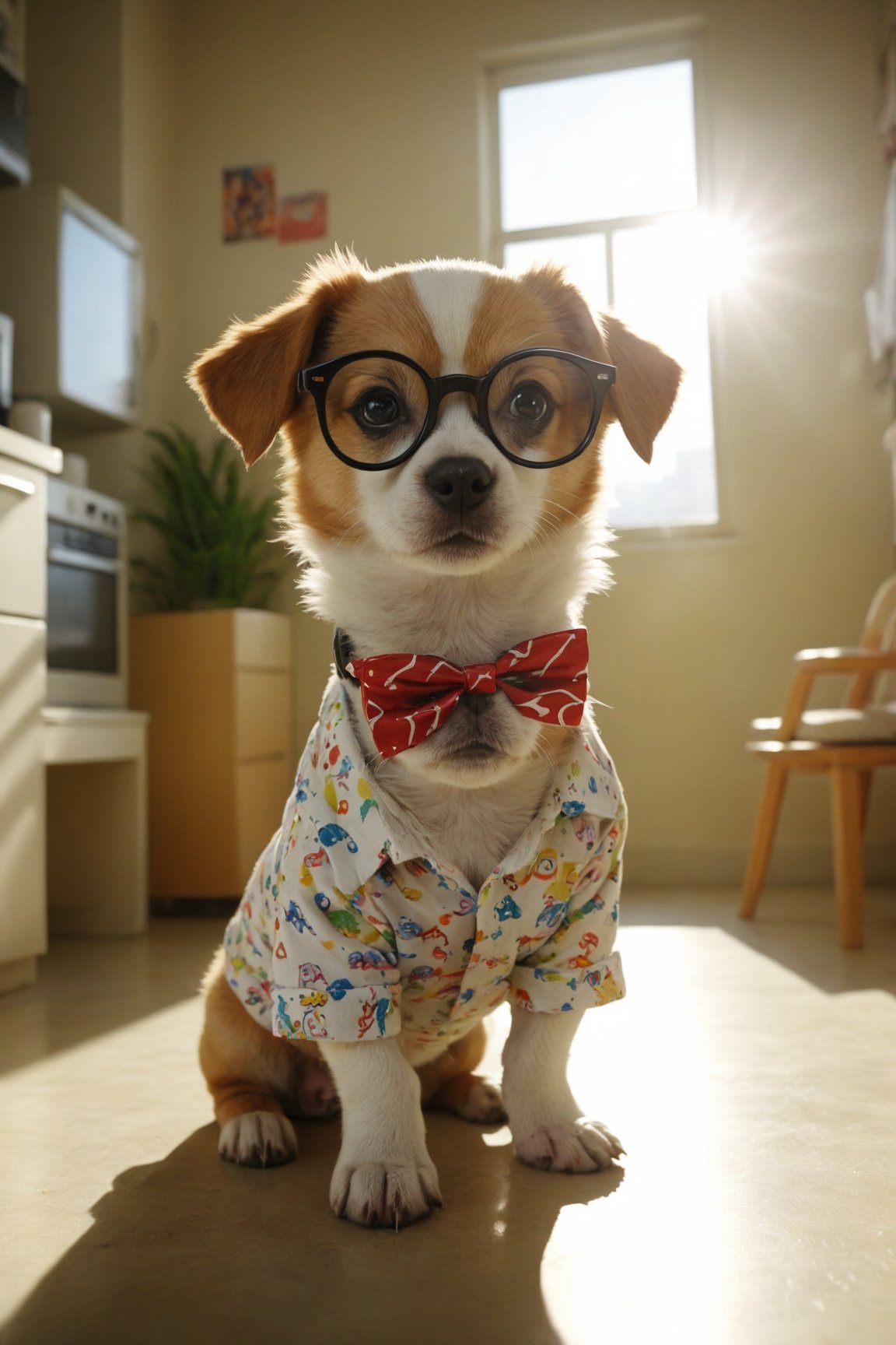 funny dressed puppy dog ​​with glasses, colorful apartment with many games, realistic environment with sun reflections and shadows, very high quality cinematographic scenography, breathtaking scene of a great masterpiece, crazy 8k graphics, everything wonderful and detailed photorealistic, kitakoumae