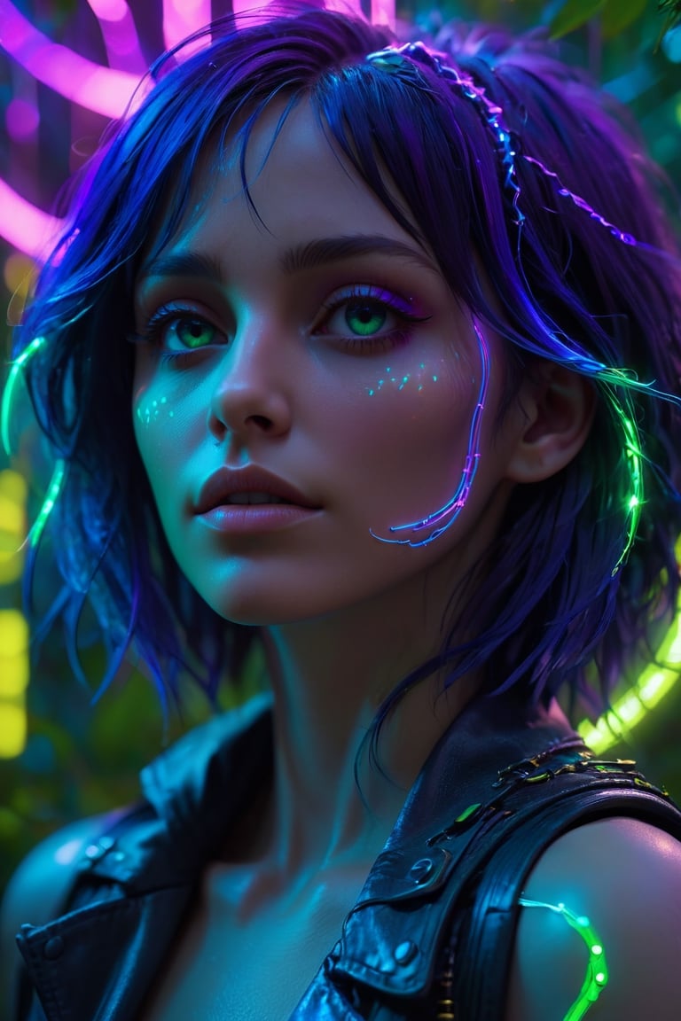 close up portrait, lucid dream-like woman, off-centered, looking off in distance  style | daydreampunk, beautiful, she is dripping in neon lights, colorful, bioluminescent, glowing  background | forest, vivid neon wonderland, particles, blue, green, purple parameters | golden ratio, hyper- maximalist, octane render, photorealism, cinematic realism, unreal engine, 8k, assymetric composition