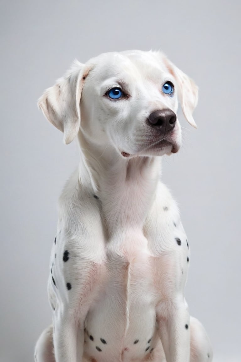 a white dalmatian with blue eyes, white background