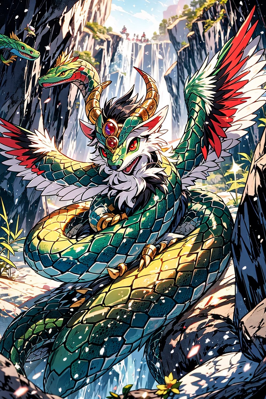 (quetzalcoatl, snake with iridicent wings,)High quality, masterpiece, 1boy, midjourney, eyesgod, perfect light, snake_eyes, brigth_red_puppils, medium_long black hair, REPTIL FurryCore, flying in a cave with shining crystals, aztec good
