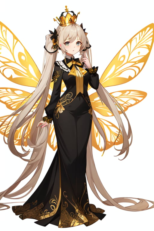 white background, long view, full _ body, fairy wings masterpiece, best quality,
(loli fairy with holograpics iridicent big wings in back),  frilled dress, ((golden yellow long hair)), twintails, bowtie, beautiful eyes, shamed, flower patterned dressed in a regal attire befitting a princess, she wears a combination of black and yellow garments adorned with intricate patterns. a crown adorns her head, inspired of queen bee
((white background)) (not background),cuteloli