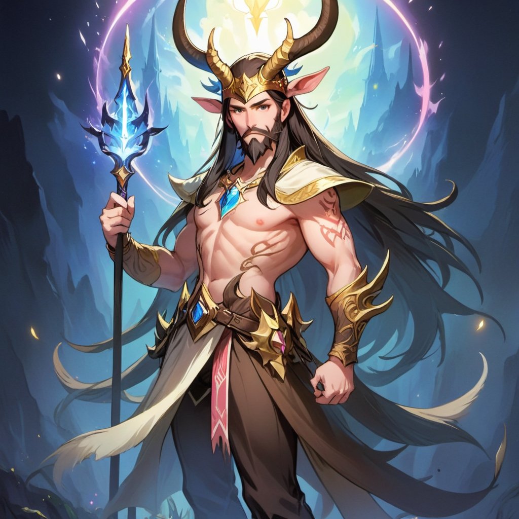 1man, beard, facial_hair, hat, holding_staff, horns, long_hair, male_focus, staff, Magical creature, Magical Fantasy World style, ,danknis,xwhd