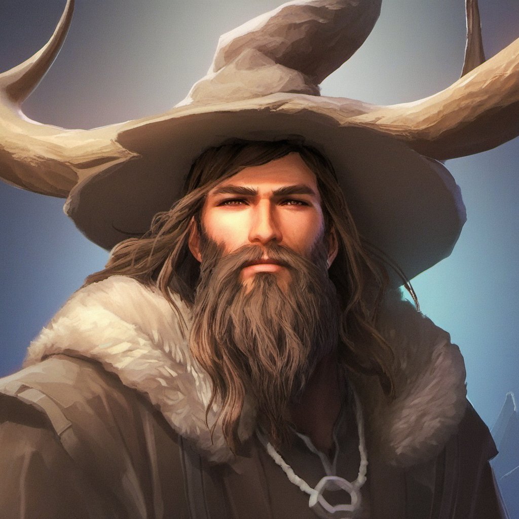 1man, beard, facial_hair, hat, holding_staff, horns, long_hair, male_focus, staff, Magical creature, Magical Fantasy World style, 