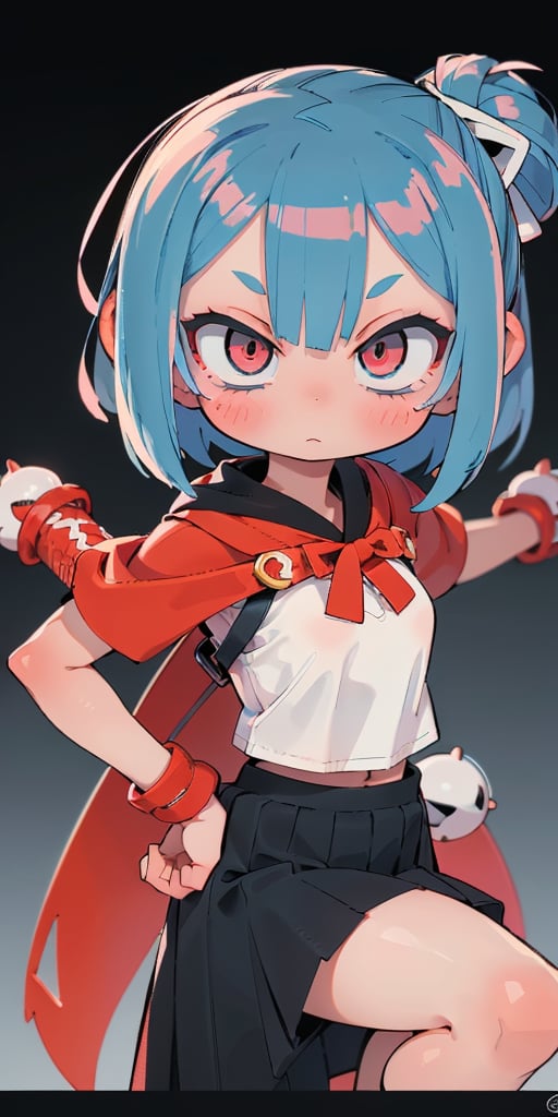 just one girl,(dinamic pose), (face of a 20 year old girl, body of a 26 year old girl), crimson red eyes, bob style hair, female samurai, armor, skirt, horror style, area lighting, color based blue and black