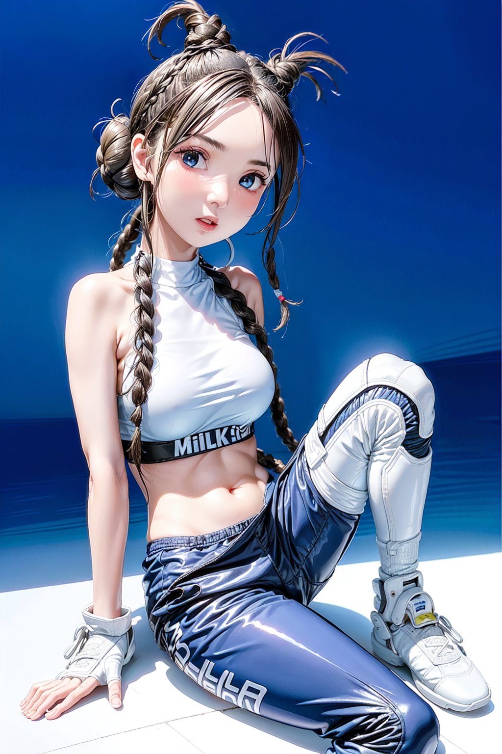 1girl, underboob, skinny, cute expression, puffy cheeks, (2 braids on both sides), (2 hair buns on top), blue eyes, beautiful face, (flat chested), pale skin, black_hair, long hair, (tight white and blue moto racing outfit), full body, sitting, robotic left arm, futiristic, sitting, open mouth,  alone,