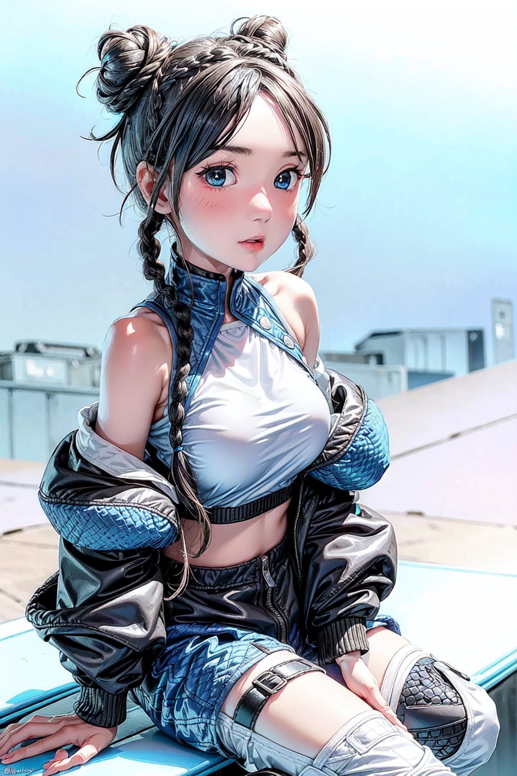 1girl, underboob, skinny, cute expression, puffy cheeks, (2 braids on both sides), (2 hair buns on top), blue eyes, beautiful face, (flat chested), pale skin, black_hair, long hair, (tight white and blue moto racing outfit), full body, sitting, blushing, futiristic, sitting, open mouth,  alone,