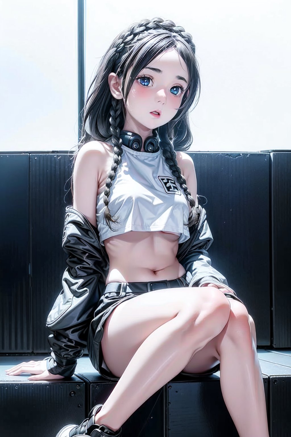 1girl, underboob, cute expression, puffy cheeks, braids on boths sides, blue eyes, beautiful face, flat chested, pale skin, black_hair, long hair, (white and black racing two piece outfit), full body, sitting, robotic left arm, futiristic, sitting, open mouth,  alone,