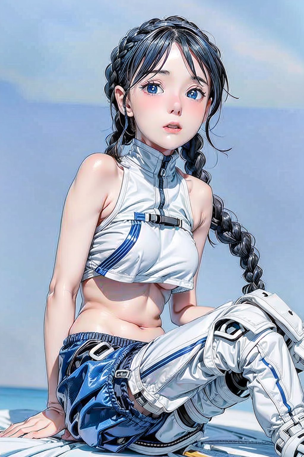 1girl, underboob, cute expression, puffy cheeks, braids on boths sides, blue eyes, beautiful face, flat chested, pale skin, black_hair, long hair, (tight white and blue racing outfit), full body, sitting, robotic left arm, futiristic, sitting, open mouth,  alone,