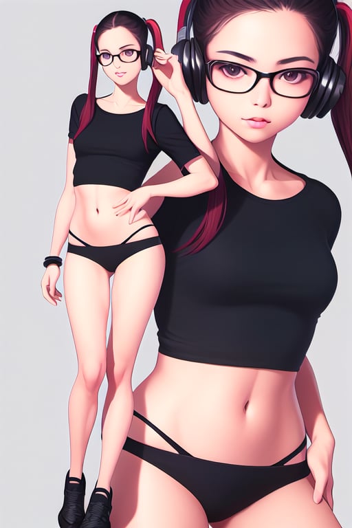 full body portrait of a geeky nerdy girl with long pigtail hair style, short black t-shirt wearing headphones and black bikini full bottom hentai art style, photo realism,realistic