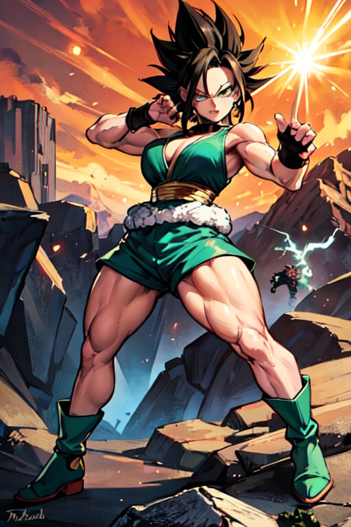 
"Photorealistic image of a fusion character named 'Keefa' from the Dragon Ball Super series. She is imagined as a combination of Kale and Caulifla. Keefa has a strong, athletic build with distinctive Saiyan armor. She features Kale's greenish hair and muscular build, and Caulifla's confident smirk and sharp eyes. She strikes a battle-ready stance, radiating an intense aura. The background is a rocky terrain, a classic Dragon Ball battle setting. The camera captures a full-body shot with a 70mm lens, focusing on her determined expression and the energy radi

,