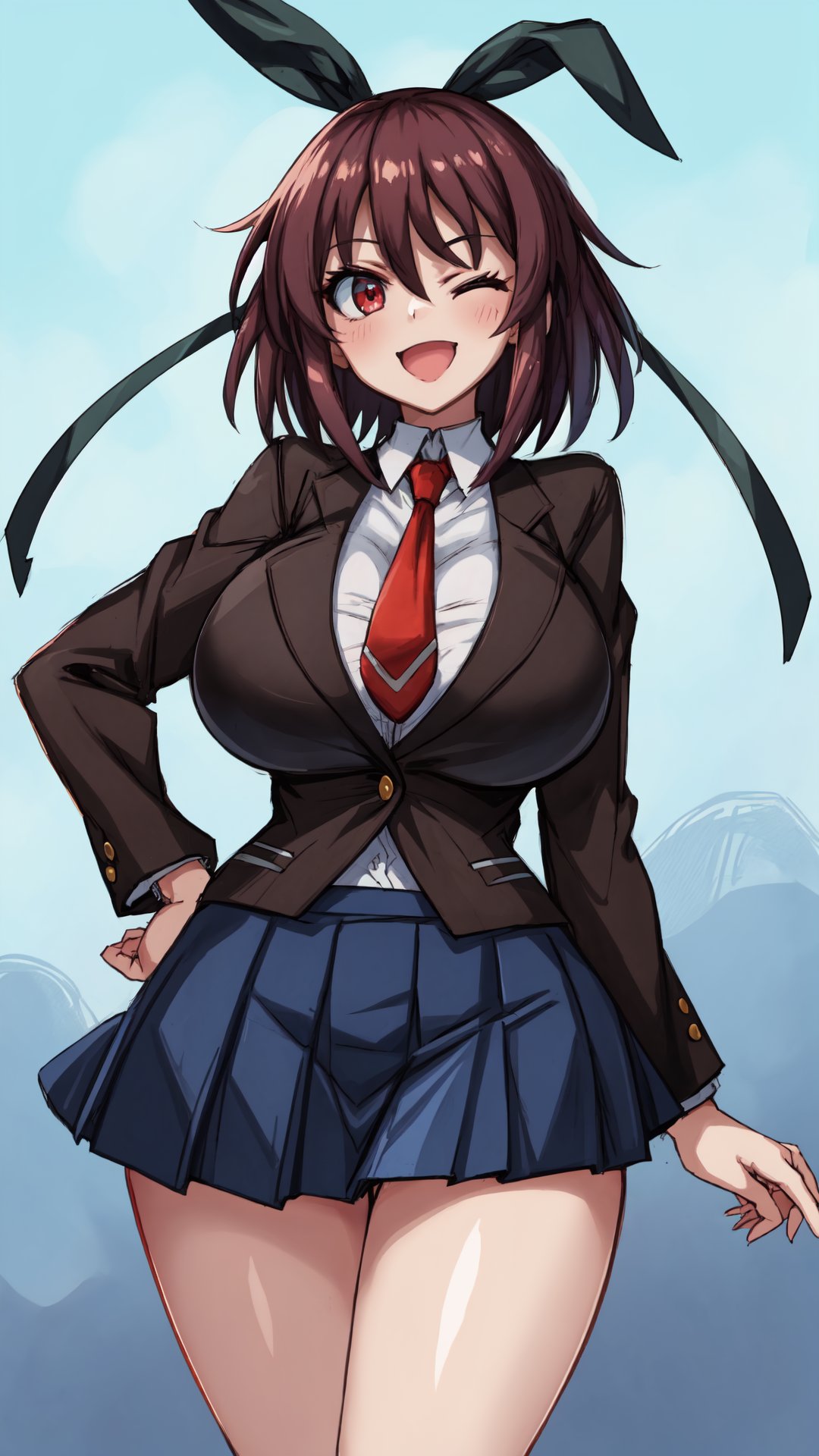 masterpiece, best quality, shiranui, mature female, 1girl, breasts, solo, skirt, one eye closed, huge breasts, necktie, school uniform, open mouth, hand on hip, heart, thighs, shirt, blush, smile, looking at viewer, pleated skirt, blue skirt, medium hair, brown hair, hair between eyes, red eyes, hair ribbon, black ribbon