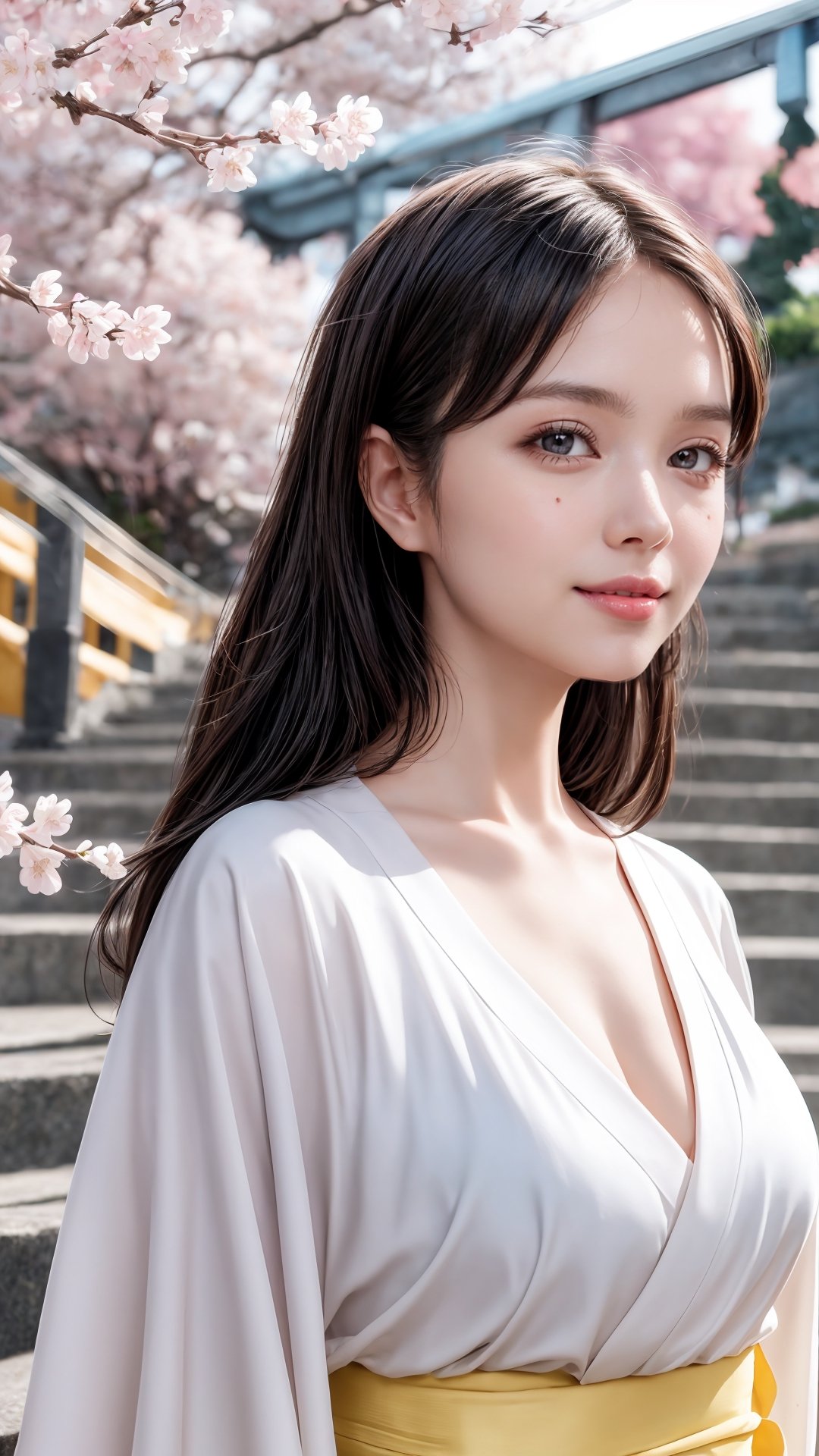 masterpiece, best quality, 1girl, yellow eyes, Beautiful face, delicate eyes, smile, long hair, white hair, tree, stairs, standing, kimono, sky, cherry blossoms, temple, looking at viewer, upper body, from below, looking back,Cyberpunk,young girl