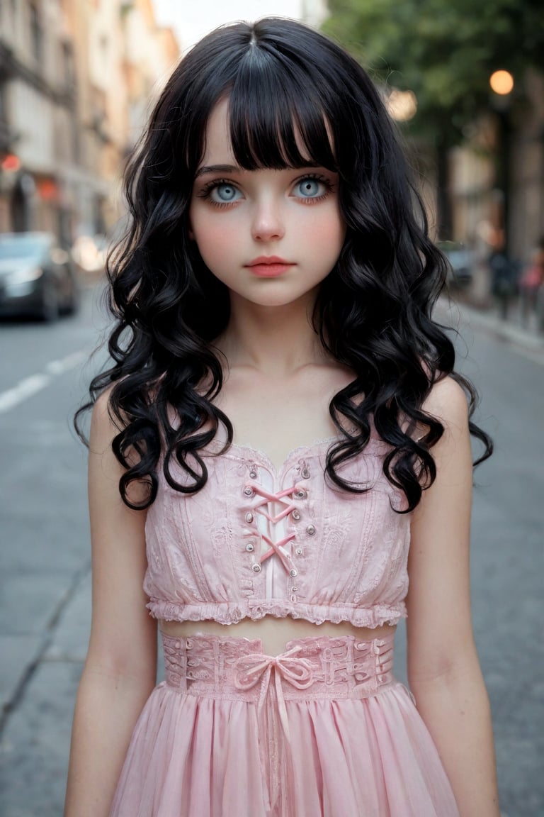 Photo,realistic,masterpiece, score_9, score_8_up, score_7_up, beautiful girl, 10yo young girl, petite, black hair,  goth clothing, blush, perfect eyes, detailed eyes, long hair, hair bangs, wavy hair, laced hair, hearts, cute, young, adorable , small waist, public street