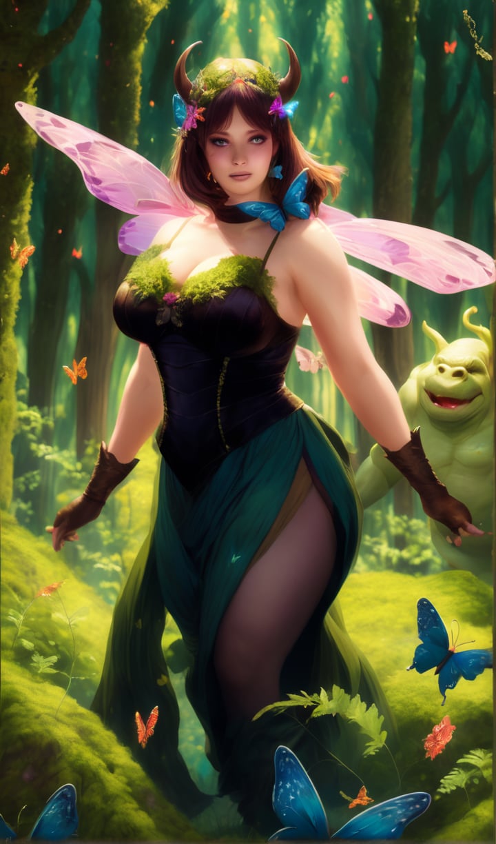 a ogre in  forest, with magic particulas and butterflies