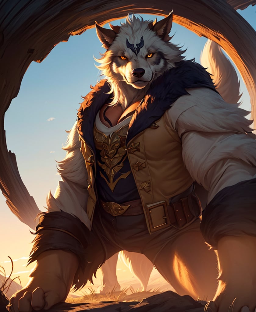 Nebur Belmont,Masterpiece, (Ultra Detailed), (Animal Anthropomorphism), pirate Theme, Wolf, Handsome, Trench Coat, on a plain by an oak tree, with a beautiful sunrise in the background, Highest Quality, Single Focus, (skimming: 1.1), Muscle Man, Full Body, Intricate (High Detail: 1.1) , 8k uhd, orange hair, y pintura facial azul,, , , ,, glowing power aura, dynamic pose, dynamic a close up of a man with a wolf on his chest, muscular werewolf, a minotaur wolf, berserker potrait, trendin on artstation, commission for high res, extremely detailed artgerm, anthro art, sylas, portrait of a gnoll, anthropomorphic wolf male, gnoll, furry fantasy art, full art view,SFBalrog,vane /(granblue fantasy/),sucrose \(genshin impact\)