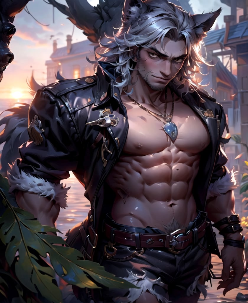 Nebur Belmont,Masterpiece, (Ultra Detailed), (Animal Anthropomorphism), pirate Theme, Wolf, Handsome, Trench Coat, on a plain by an oak tree, with a beautiful sunrise in the background, Highest Quality, Single Focus, (skimming: 1.1), Muscle Man, Full Body, Intricate (High Detail: 1.1) Unreal Engine.Engine.,WonderWaifu