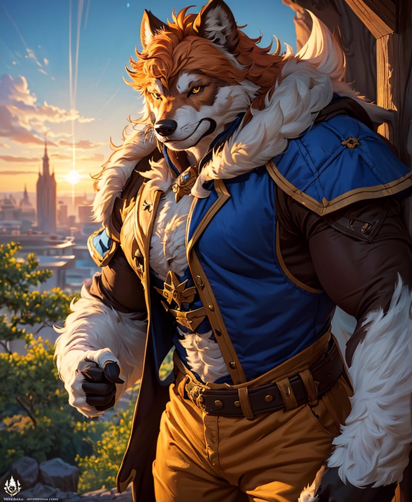 Nebur Belmont,Masterpiece, (Ultra Detailed), (Animal Anthropomorphism), pirate Theme, Wolf, Handsome, Trench Coat, on a plain by an oak tree, with a beautiful sunrise in the background, Highest Quality, Single Focus, (skimming: 1.1), Muscle Man, Full Body, Intricate (High Detail: 1.1) , 8k uhd, orange hair, y pintura facial azul,, , , ,, glowing power aura, dynamic pose, dynamic a close up of a man with a wolf on his chest, muscular werewolf, a minotaur wolf, berserker potrait, trendin on artstation, commission for high res, extremely detailed artgerm, anthro art, sylas, portrait of a gnoll, anthropomorphic wolf male, gnoll, furry fantasy art, full art view,SFBalrog,vane /(granblue fantasy/),sucrose \(genshin impact\)