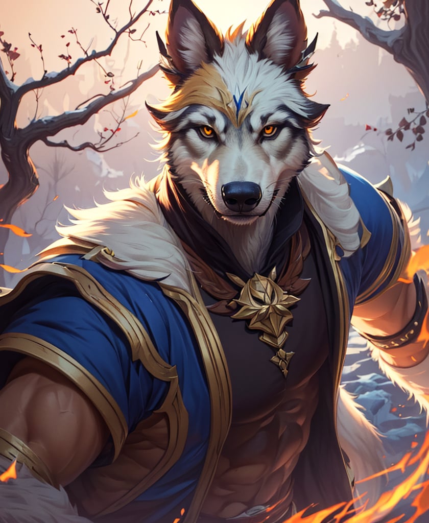 Nebur Belmont,Masterpiece, (Ultra Detailed), (Animal Anthropomorphism), pirate Theme, Wolf, Handsome, Trench Coat, on a plain by an oak tree, with a beautiful sunrise in the background, Highest Quality, Single Focus, (skimming: 1.1), Muscle Man, Full Body, Intricate (High Detail: 1.1) , 8k uhd, orange hair, y pintura facial azul,, , , ,, glowing power aura, dynamic pose, dynamic a close up of a man with a wolf on his chest, muscular werewolf, a minotaur wolf, berserker potrait, trendin on artstation, commission for high res, extremely detailed artgerm, anthro art, sylas, portrait of a gnoll, anthropomorphic wolf male, gnoll, furry fantasy art, full art view,SFBalrog,vane /(granblue fantasy/),sucrose \(genshin impact\)