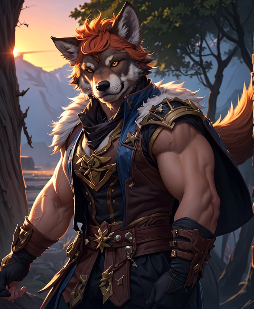 Nebur Belmont,Masterpiece, (Ultra Detailed), (Animal Anthropomorphism), pirate Theme, Wolf, Handsome, Trench Coat, on a plain by an oak tree, with a beautiful sunrise in the background, Highest Quality, Single Focus, (skimming: 1.1), Muscle Man, Full Body, Intricate (High Detail: 1.1) , 8k uhd, orange hair, y pintura facial azul,, , , ,, glowing power aura, dynamic pose, dynamic a close up of a man with a wolf on his chest, muscular werewolf, a minotaur wolf, berserker potrait, trendin on artstation, commission for high res, extremely detailed artgerm, anthro art, sylas, portrait of a gnoll, anthropomorphic wolf male, gnoll, furry fantasy art, full art view,SFBalrog,vane /(granblue fantasy/),sucrose \(genshin impact\)