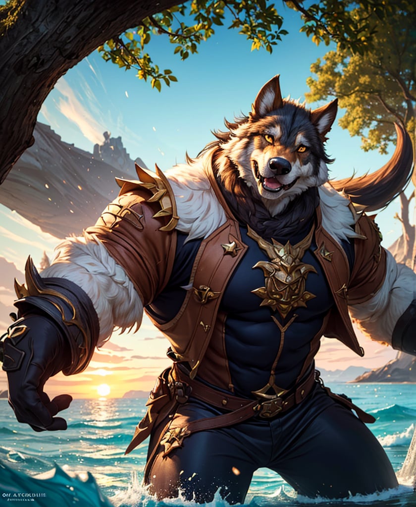 Nebur Belmont,Masterpiece, (Ultra Detailed), (Animal Anthropomorphism), pirate Theme, Wolf, Handsome, Trench Coat, on a plain by an oak tree, with a beautiful sunrise in the background, Highest Quality, Single Focus, (skimming: 1.1), Muscle Man, Full Body, Intricate (High Detail: 1.1) , 8k uhd, orange hair, y pintura facial azul,, , , ,, glowing power aura, dynamic pose, dynamic a close up of a man with a wolf on his chest, muscular werewolf, a minotaur wolf, berserker potrait, trendin on artstation, commission for high res, extremely detailed artgerm, anthro art, sylas, portrait of a gnoll, anthropomorphic wolf male, gnoll, furry fantasy art, full art view,SFBalrog,vane /(granblue fantasy/),sucrose \(genshin impact\)