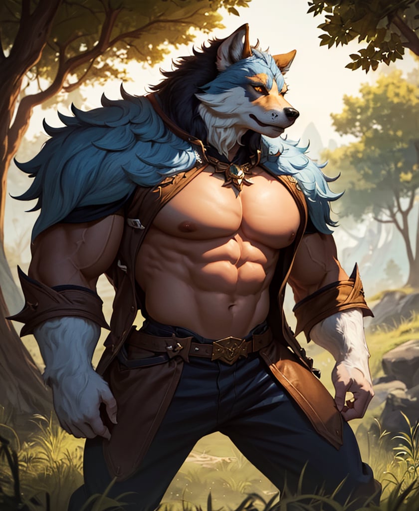 Nebur Belmont,Masterpiece, (Ultra Detailed), (Animal Anthropomorphism), pirate Theme, Wolf, Handsome, Trench Coat, on a plain by an oak tree, with a beautiful sunrise in the background, Highest Quality, Single Focus, (skimming: 1.1), Muscle Man, Full Body, Intricate (High Detail: 1.1) , 8k uhd, orange hair, y pintura facial azul,, , , ,, glowing power aura, dynamic pose, dynamic a close up of a man with a wolf on his chest, muscular werewolf, a minotaur wolf, berserker potrait, trendin on artstation, commission for high res, extremely detailed artgerm, anthro art, sylas, portrait of a gnoll, anthropomorphic wolf male, gnoll, furry fantasy art, full art view,SFBalrog,vane /(granblue fantasy/),sucrose \(genshin impact\)