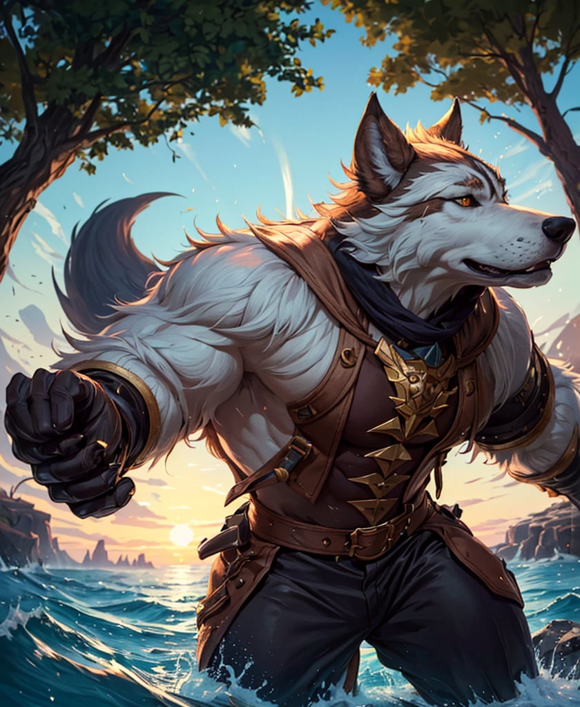 Nebur Belmont,Masterpiece, (Ultra Detailed), (Animal Anthropomorphism), pirate Theme, Wolf, Handsome, Trench Coat, on a plain by an oak tree, with a beautiful sunrise in the background, Highest Quality, Single Focus, (skimming: 1.1), Muscle Man, Full Body, Intricate (High Detail: 1.1) , 8k uhd, orange hair, y pintura facial azul,, , , ,, glowing power aura, dynamic pose, dynamic a close up of a man with a wolf on his chest, muscular werewolf, a minotaur wolf, berserker potrait, trendin on artstation, commission for high res, extremely detailed artgerm, anthro art, sylas, portrait of a gnoll, anthropomorphic wolf male, gnoll, furry fantasy art, full art view,SFBalrog,vane /(granblue fantasy/),sucrose \(genshin impact\)