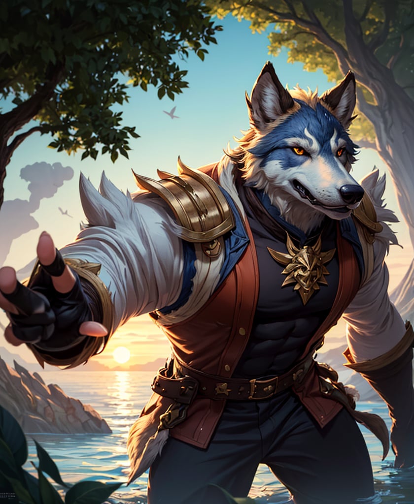 Nebur Belmont,Masterpiece, (Ultra Detailed), (Animal Anthropomorphism), pirate Theme, Wolf, Handsome, Trench Coat, on a plain by an oak tree, with a beautiful sunrise in the background, Highest Quality, Single Focus, (skimming: 1.1), Muscle Man, Full Body, Intricate (High Detail: 1.1) , 8k uhd, orange hair, y pintura facial azul,, , , ,, glowing power aura, dynamic pose, dynamic a close up of a man with a wolf on his chest, muscular werewolf, a minotaur wolf, berserker potrait, trendin on artstation, commission for high res, extremely detailed artgerm, anthro art, sylas, portrait of a gnoll, anthropomorphic wolf male, gnoll, furry fantasy art, full art view,SFBalrog,vane /(granblue fantasy/),sucrose \(genshin impact\)