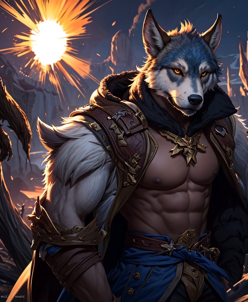 Nebur Belmont,Masterpiece, (Ultra Detailed), (Animal Anthropomorphism), pirate Theme, Wolf, Handsome, Trench Coat, on a plain by an oak tree, with a beautiful sunrise in the background, Highest Quality, Single Focus, (skimming: 1.1), Muscle Man, Full Body, Intricate (High Detail: 1.1) , 8k uhd, orange hair, y pintura facial azul,, , , ,, glowing power aura, dynamic pose, dynamic a close up of a man with a wolf on his chest, muscular werewolf, a minotaur wolf, berserker potrait, trendin on artstation, commission for high res, extremely detailed artgerm, anthro art, sylas, portrait of a gnoll, anthropomorphic wolf male, gnoll, furry fantasy art, full art view,SFBalrog,vane /(granblue fantasy/),sucrose \(genshin impact\)