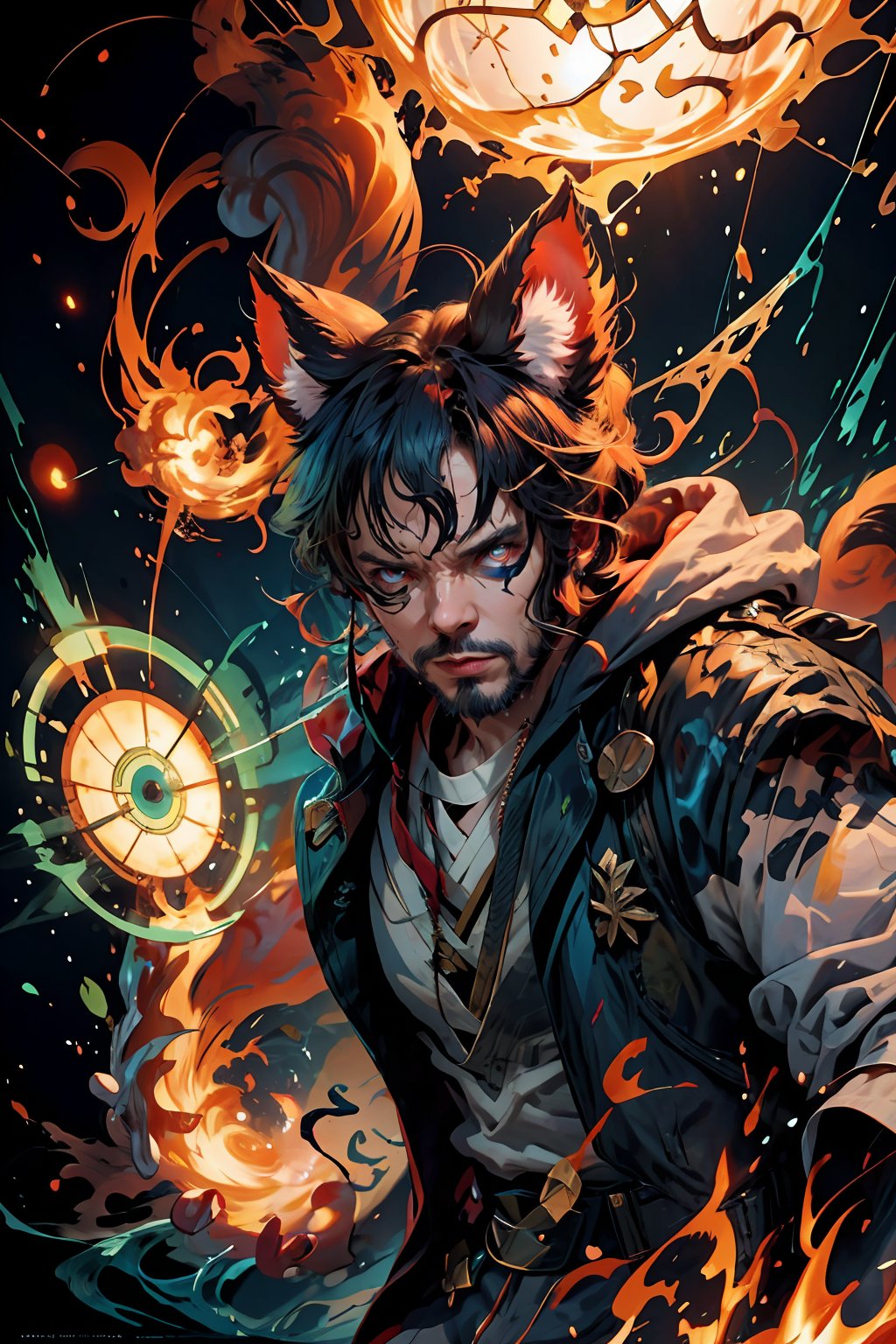 a cool fighting of Dr. Strange's  cat, red flaming eye, surrounded by a swirling vortex of magical energy , flat illustration , ink paint, splash, a smock dragon in background, wallpaper